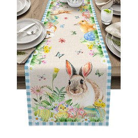 Easter Eggs Rabbit Table Runners 90 inches Long, Spring Butterfly Flower Blue Plaid Table Runner Farmhouse Dresser Scarves,Decortaive Table Runner Cover for Dining Coffee Table Holiday Party Wedding