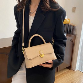 Vintage Square Satchel Crossbody Bag for Women - Leather Top Handle Purse with Adjustable Strap, Elegant Retro Day Clutch (Khaki)