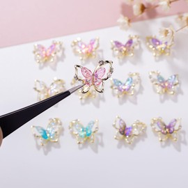 12 Pcs Butterfly Nail Charms for Nails Decor - WLGDLH Gold Y2K Kawaii Alloy Nail Charms with Pearl Rhinestone Glitter Color Gradient for Women Girl Acrylic Press on Nails DIY Nail Decoration Design