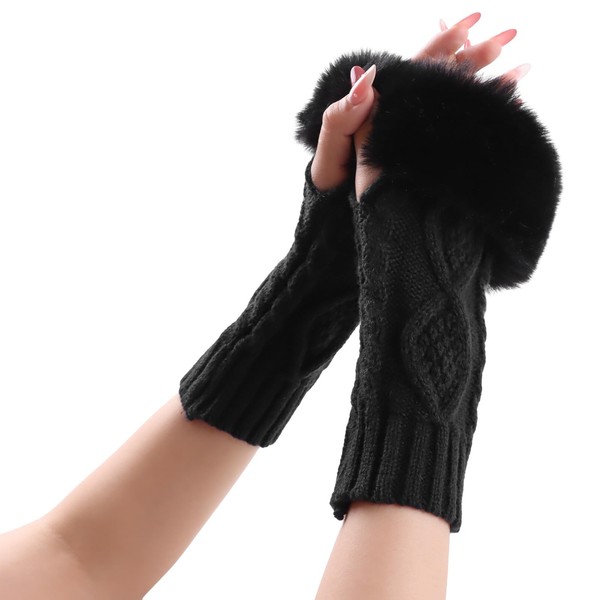 Knit Women Arm Warmer with Faux Fur Winter Fingerless Gloves