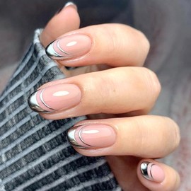 Silver French Tip Press on Nails Short Oval Fake Nails with Silver Lines Design Glue on Nails Press ons Light Pink Full Cover Glossy False Nails Artificial Stick on Nails for Women Girls 24Pcs