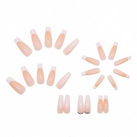 RikView Press on Nails Long French Tip Nails White Coffin Fake Nails with Rhinestones Glossy Nails for Women