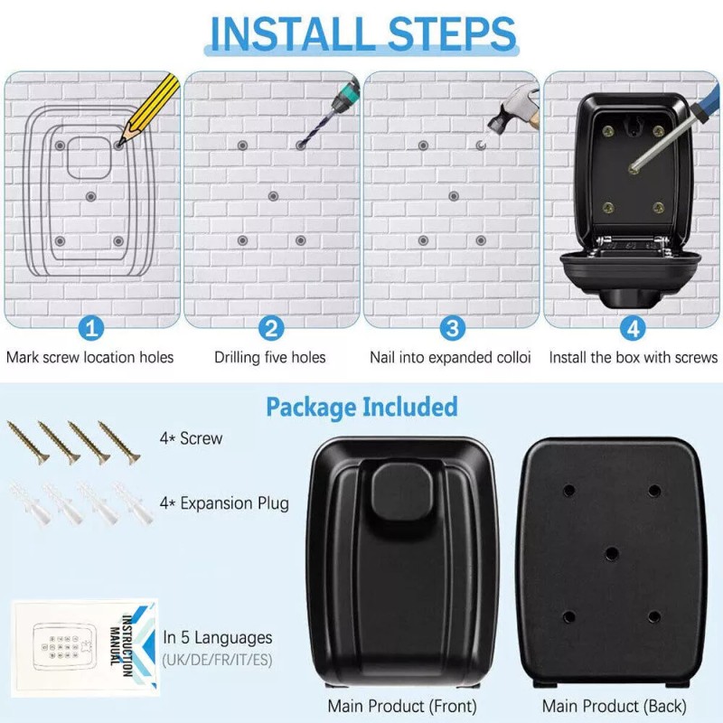 Unbranded Portable Key Lock Box with Push Button Wall Mounted