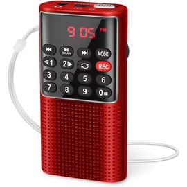 J-328 Mini Portable Pocket FM Radio MP3 Walkman Radio with Recorder, Lock Key, SD Card Player, Rechargeable Battery Operated(NO AM) Red Audio Button - Color: Red