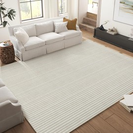 9x12 Area Rug for Living Room, Boho Striped Print Neutral Rug for Bedroom Soft Low Pile Washable Indoor Floor Carpet, Modern Non-Slip Large Area Rugs for Dining Room Nursery, Beige