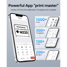 Phomemo Label Maker,M220 Label Printer,3 Inch Bluetooth Thermal Label Maker Machine with 6000+ Icons,700+ Templates,400+ Fonts,for Kids School Items,Small Business,Large Sticker