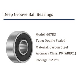 Kozelo 12pcs 607RS Deep Groove Ball Bearings - [7mm Bore x 19mm OD x 6mm Thickness] Double Sealed P0 Bearings for Industrial Equipment, High Carbon Steel, Z2