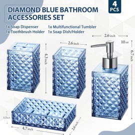 RYTOXILO Bathroom Accessories Set, 4 Pack Blue Acrylic Bath Accessory Sets Complete, Diamond Soap Dispenser and Toothbrush Holder Bathroom Counter Sink Set, Boho Modern Bathroom Decor
