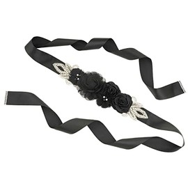 Huralona Sash Belt 106 Inch Satin Ribbon with Handmade Flowers Pearls Rhinestone Elegant for Wedding Bridal Dress Maternity (Black)