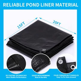 Coocure 15X20FT Reinforced PE Pond Liner, 28Mil Thickness Pond Liners for Outdoor Ponds, Hemmed Edge with Buttonholes Liners for KOI/Fish, Duck Pond and Waterscape.