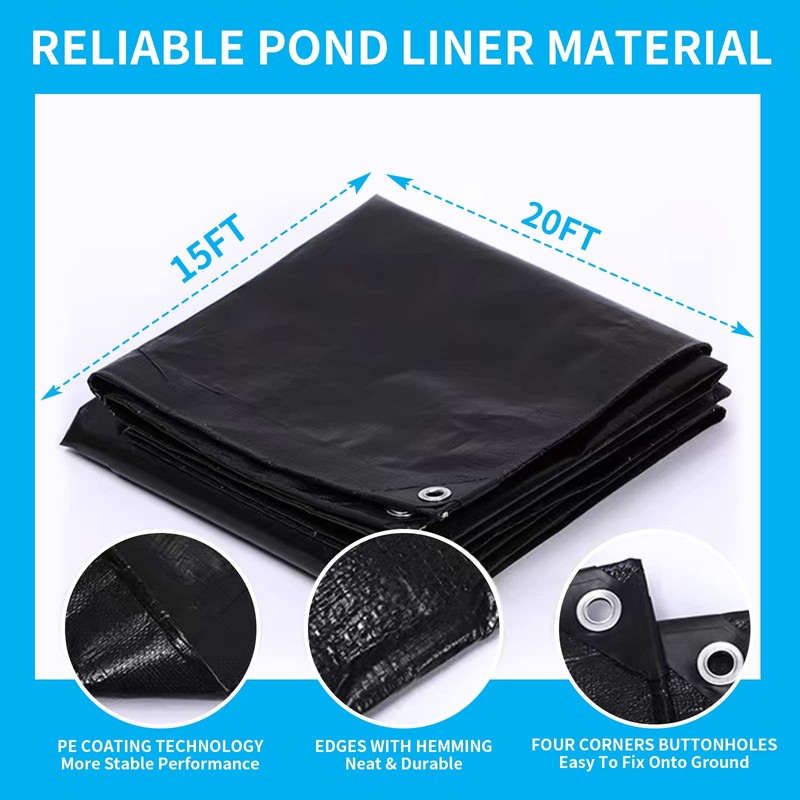 Coocure 15X20FT Reinforced PE Pond Liner, 28Mil Thickness Pond Liners