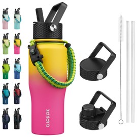 BJPKPK Insulated Water Bottles with Straw Lid, 23oz Metal Water Bottle with 2 lids & Paracord Strap, Double Wall Stainless Steel Vacuum Tumblers, Cups,Thermos for Hot& Cold Drinks, Pink & Yellow Rose