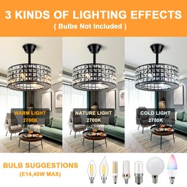 Crystal Caged Ceiling Fan with Light and Remote, 17.7" Modern Chandelier Ceiling Fan 3 Speeds Industrial Bladeless Fandelier for Bedroom, Living Room, Dining Room, Black