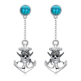 VENACOLY Pirate Earrings 925 Sterling Silver Anchor Skull Tassel Earrings Turquoise Pirate Jewellery Gifts for Women, Sterling Silver, Cubic Zirconia