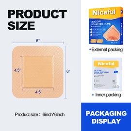 Silicone Foam Dressing with Gentle Adhesive Border 6"x 6" (Pack of 10)，High Absorbency Waterproof Silicone Wound Bandage for Wound Care, Bed Sore