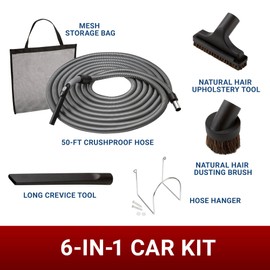 Central Vacuum System Car Care Attachment Set for Interior Car Cleaning. Includes 50FT Crushproof Hose, Natural Hair Dusting Brush, Long Crevice Tool, Mesh Storage Bag and More