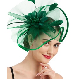 Hrxcrzco Tea Party Fascinator Hats for Womens 50s Floral Feather Headwear Derby Hats for Wedding Cocktail Party Hat, Grass Green