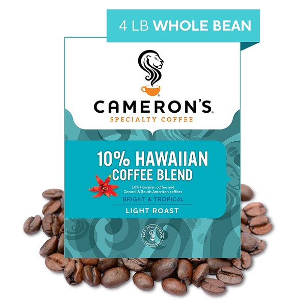Cameron's Coffee Roasted Whole Bean Coffee, 10% Hawaiian Coffee Blend, 4 Pound