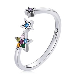 Qings 925 Sterling Silver Star Ring Lucky Star Adjustable Rings for Women Colorful Zircon Open Rings for Women and Girls Birthday Gifts