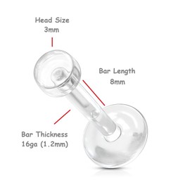 PiercedOff Bio Flex Clear Retainers with 3mm Removable Push-In Top - Thickness 16GA (1.2mm) / Length 8mm - Pack of 5 Retainers