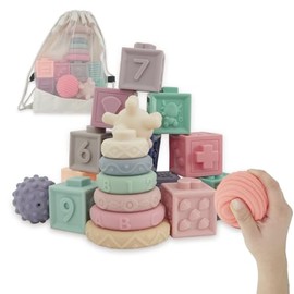 Mordederas para Bebe 21 pzas - Bloques de Silicona para Bebe Textura Suave para Apilar - Juguete Educativo de Silicon con Numeros y Formas GAON       