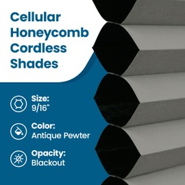 BlindsAvenue Cellular Honeycomb Cordless Shade, 9/16" Single Cell, Blackout, Antique Pewter, Size: 46.5" W x 48" H