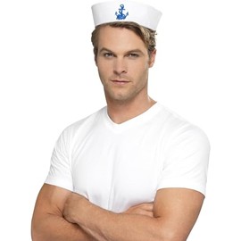 Smiffys US Sailor Doughboy Hat, White with Anchor, Land, Sea and Air Forces Fancy Dress, Adult Dress Up Hats