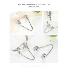 Silver Safety Chain 925 Sterling Silver Pave Inspiration Safety Chain, Clear CZ Stopper Charms fit Charm Bracelet DIY Jewellery