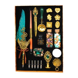 Quill Pen Ink Notebook Set, Includes Feather Pen, Notebook, 5 Replaceable Nibs, Ink, Pen Holder, Seal Stamp, Spoon, Wax Beads, White Wax calligraphy set for Writing Letters Diary (Green)