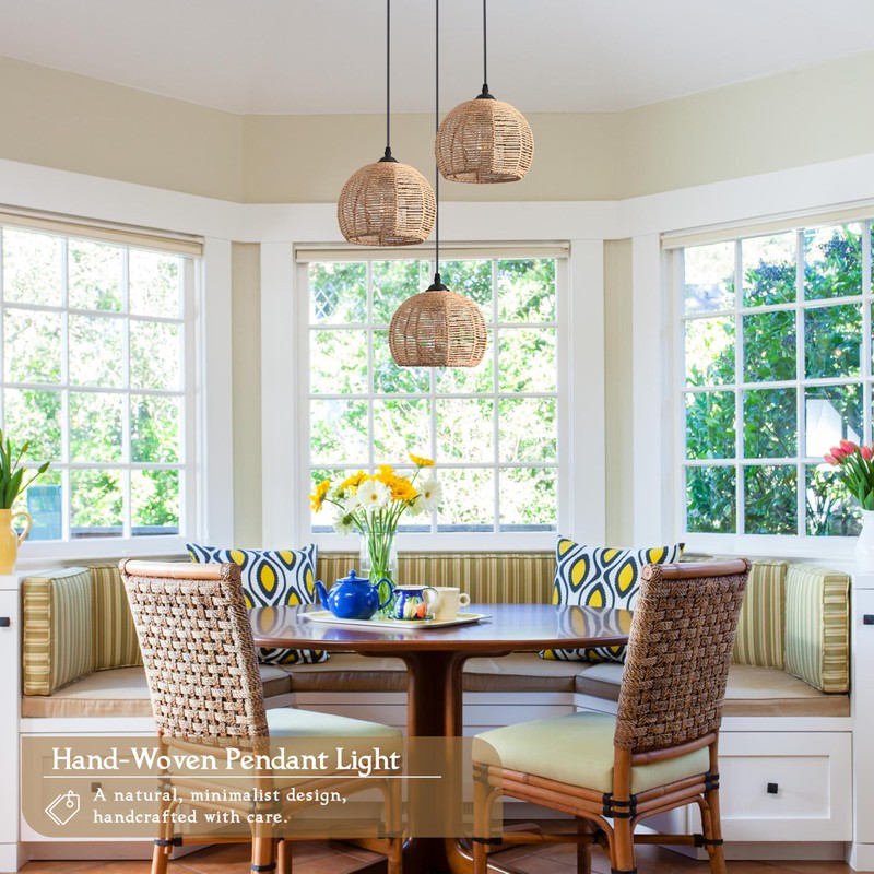 3-Light Mini Hemp Rope Woven Pendant Light Kitchen Island,3 Dome