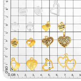 PH PandaHall 150 Pcs 15 Styles Tibetan Style Alloy Heart Charm Pendants for Jewelry Earring Bracelet Necklace Pendant Making Valentine's Day Decoration, Silver/Golden