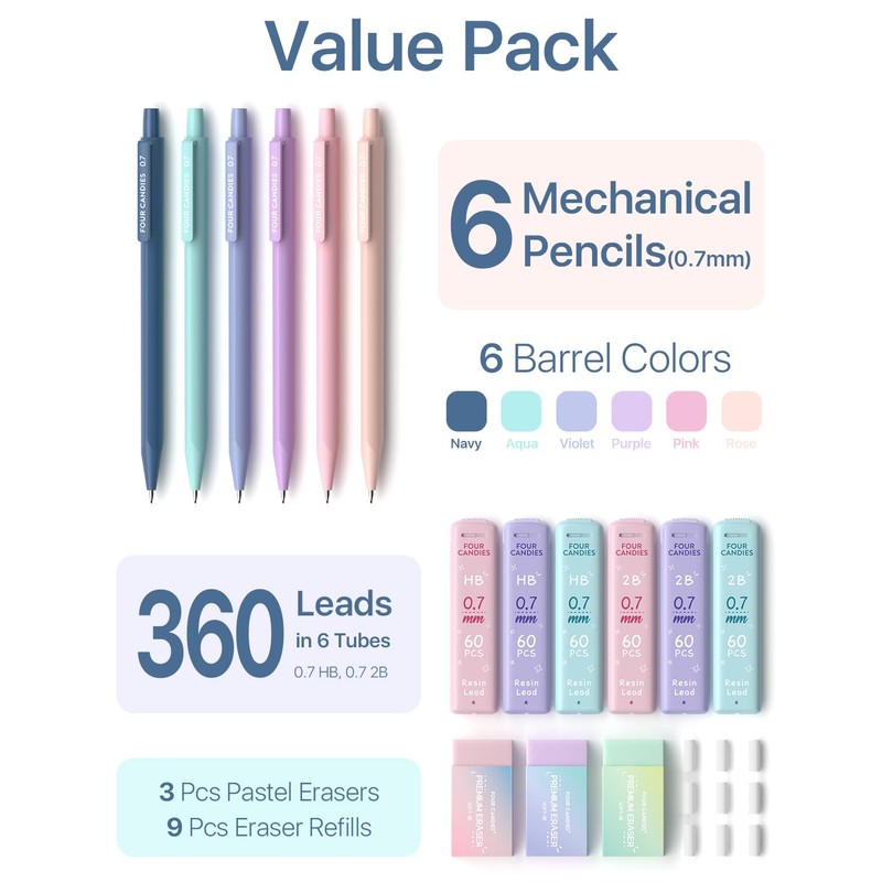 Four Candies Mechanical Pencils 0.7mm, with HB & 2B Lead