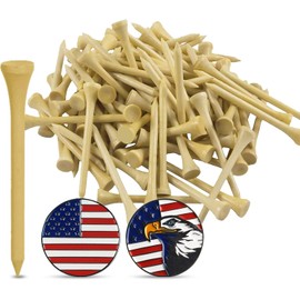 FINGER TEN Bamboo Golf Tees Wood 2 3/4 3 1/4 Inch Wooden Tee Color Bulk 250/500/1000/2000 Count with 2 Free Ball Marker USA Eagle for Men Women (Natural, 1000 Count(3 1/4 Inch))