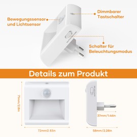 Pack of 2 Night Light Sockets, LED Night Light with Motion Sensor and Twilight Sensor, Brightness Dimmable, Auto/On/Off Modes, Warm White Socket Light for Hallway, Stairs, Bedroom, Aisle, Kitchen