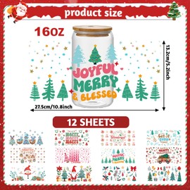 Christmas UV DTF Transfer Stickers - 12 Sheets for Glass Cups, Waterproof Decals, Cup Wrap