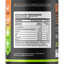 DIM (Diindolilmetano) 240 cápsulas 700 mg por cápsula. Adicionado con Vitamina C y Brócoli. Ingredientes Naturales. DIM Blend B Life