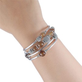 BULINLIN Turquoise Beaded Chakra Bangle Bracelet, Silver Layered Jewellery Wrap Bracelet with Natural Stone Birthday Gift for Women（Brown）