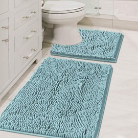 H.VERSAILTEX Original Luxury Chenille Bathroom Rug Mat (32" x 20"/20" x 20"), Extra Soft & Absorbent Shaggy Rugs, Machine Wash/Dry, Perfect Plush Carpet Mats for Tub (Curved Set, Aqua Haze)