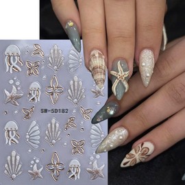 2 Sheets Summer Nail Stickers for Nail Art Embossed Jellyfish Seahorse Starfish Nail Art Stickers 5D Coconut Tree Jellyfish Seashell Nail Decals Self-Adhesive Marine Life Nail Decoration for Women