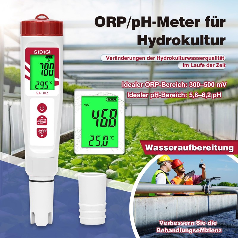 GIDIGI Wasserstoff Messgerät und pH Messgerät Wasser, Digitales pH/ORP/H2/Temperatur mit