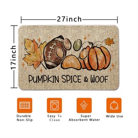 QIONG MENG Fall Door Mat Pumpkin Spice and Woof Rugs Dog Paws Football Autumn Harvest Doormat Thanksgiving Home Kitchen Decor Floor Front Mats 17 x 27 Inch for Outdoor Indoor