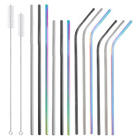 Woyinger 12 Pack Stainless Steel Straws with 2 Cleaning Brushes, 6 Straight + 6 Bent Mental Straws with 2 Sizes, Compatible with 20oz | 30oz Tumblers (Silver/Black/Gold/Rose Gold/Purple/Rainbow)