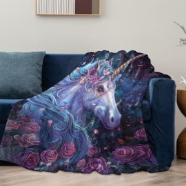 Mounidso Unicorn Rose Blanket, Unicorn Floral Themed Flannel Blanket Gifts for Women, Soft Warm Lightweight Blankets for Living Room Home Travel Decor 50" x 60"