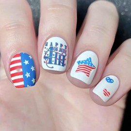4th of July American Flag Press on Nails Independence Day Fake Nails Matte Short Square Glue on Nail Star Heart Acrylic Nail for Women