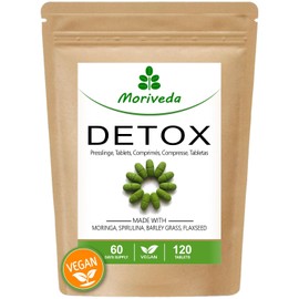 MoriVeda Moringa Detox Tablets 900 mg Pack of 120 with Moringa, Flaxseed, Barley Grass and Spirulina for Detoxification and Detoxification, Vegan and Gluten-Free Pack of 120