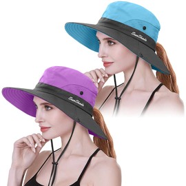 IYEBRAO 2 Pack Womens Ponytail Sun Hat UV Protection Bucket Hats Foldable Wide Brim Summer Boonie Beach Cap Fishing Hiking(Purple & Sky Blue)