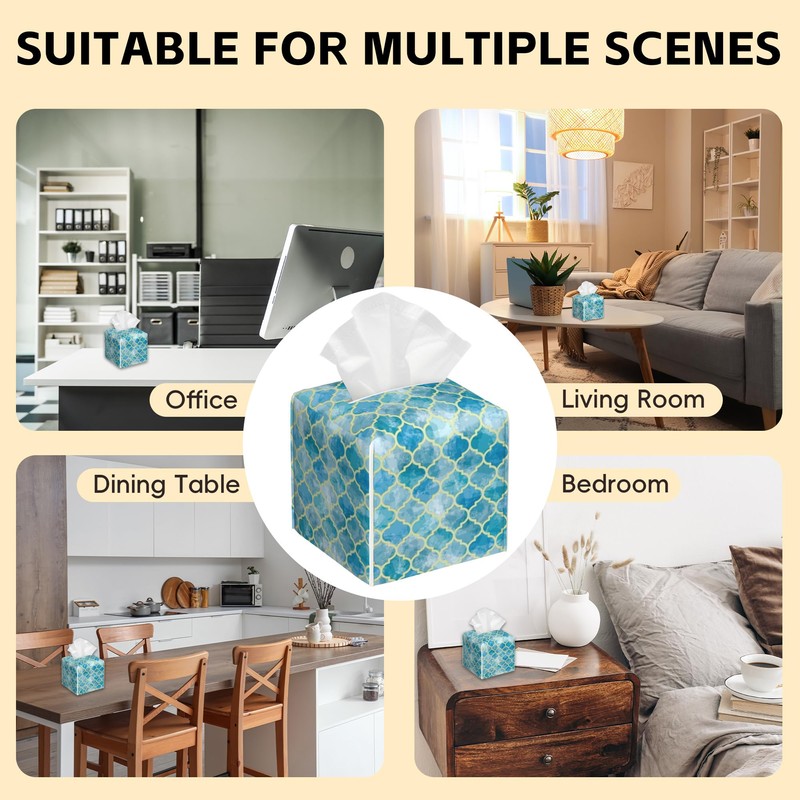 Blue Moroccan Quatrefoil Tissue Box Cover Leather Tissue Box Holder