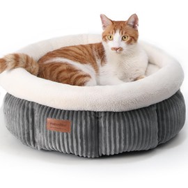 FUKUMARU Cat Bed, Washable Round Cat Beds for Indoor Cats, Soft Fluffy Corduroy Pet Bed for Cats and Puppy, Cute Small Dog Beds, Grey