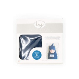 lulujo Birth Announcement Hat & Swaddle Blanket Set| Unisex Softest Bamboo Viscose Muslin Baby Swaddle Blanket| Receiving Blanket | 47in x 47in| Navy