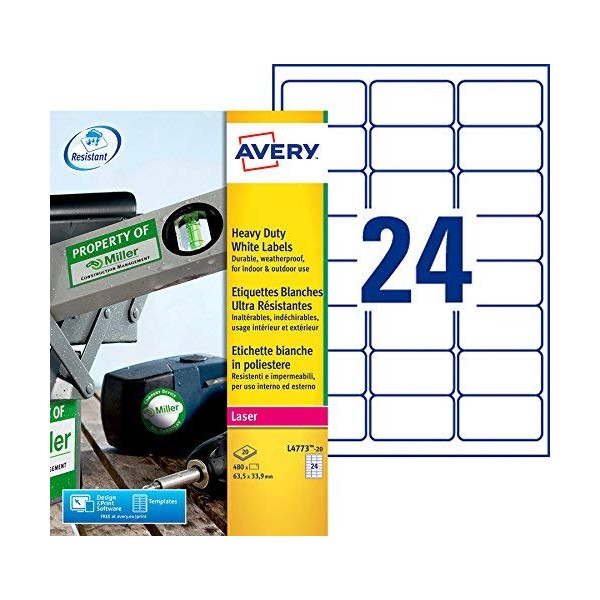 Avery L4773-20 480x Ultra-Resistant Labels 63.5 x 33.9 mm White for Laser Printers
